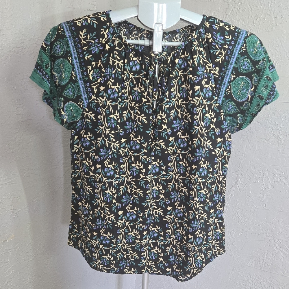 SHEIN Black and Green Floral Blouse Boho